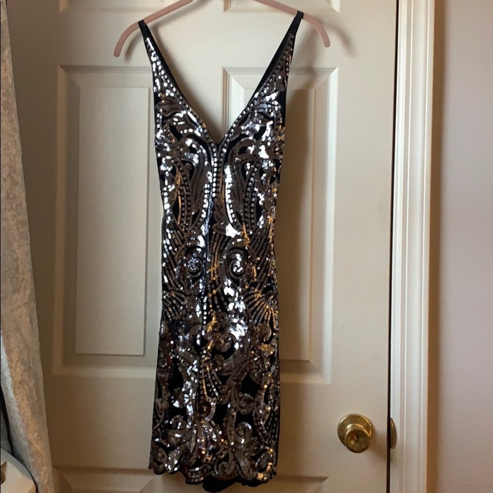 Black Velvet & Grey Sequin Backless Cocktail Dress